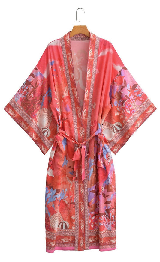 Vintage Chic Mermaid Kimono Beach Cover Ups Floral Print Batwing Sleeve Kimono Robe, Bohemian Bikini Cover Up Kimono - Belleroz