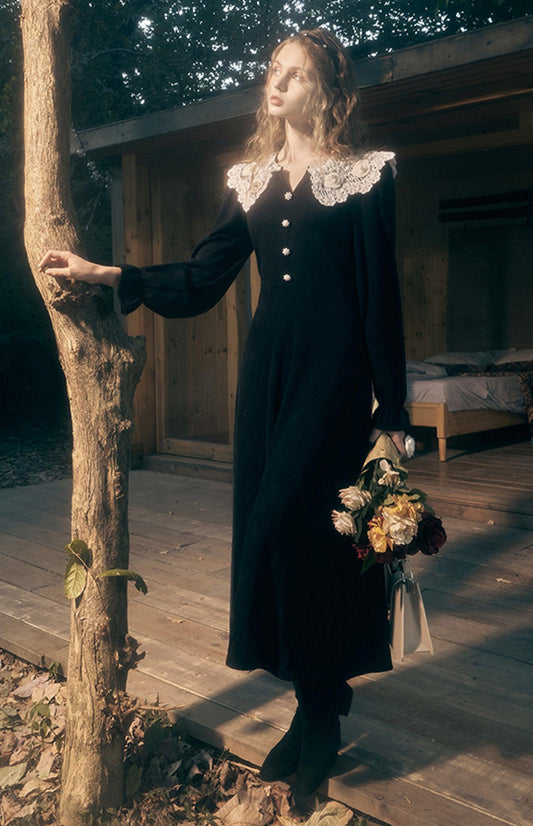 Elsie Long Sleeve Dress, Vintage Elegant Beading Crochet Flower Collar Long Knitted Dress Hepburn Small Black Dress - Sandrine Swank