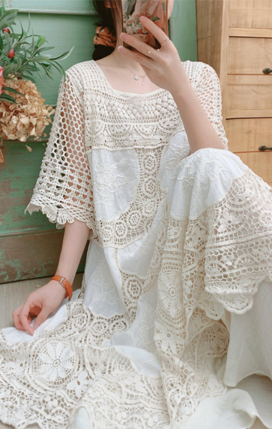 Elsie Mori Girl Sweet Elegant Crochet Lace Long Dress, Sexy Hollow Out Embroidery Midi Dress - Sandrine Swank