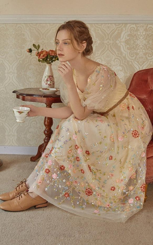 Elsie Maxi Dresses For Women Vintage Elegant Slim Luxury Handmade Beading Sequins Embroidery Floral Mesh Dress - Sandrine Swank