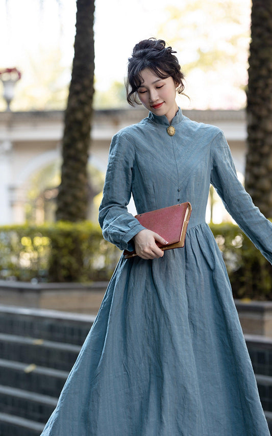 Elsie Maxi Dresses For Women Medieval Manor Vintage Elegant Dress Stand Collar Long Sleeve Strip Cotton Linen Blue Dress - Sandrine Swank