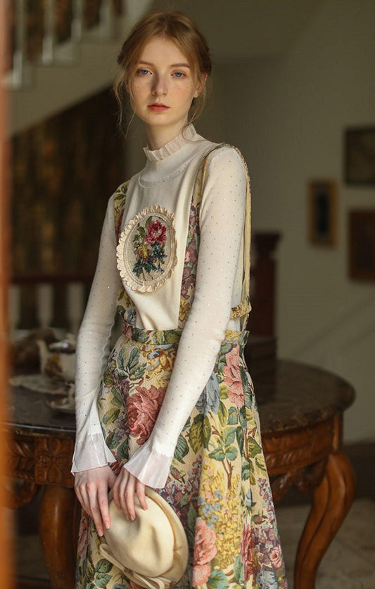 Elsie Elegant Slim Sling Dress Mori Girls Handmade Embroidery Vintage Oil Painting Jacquard Vest Dress - Sandrine Swank