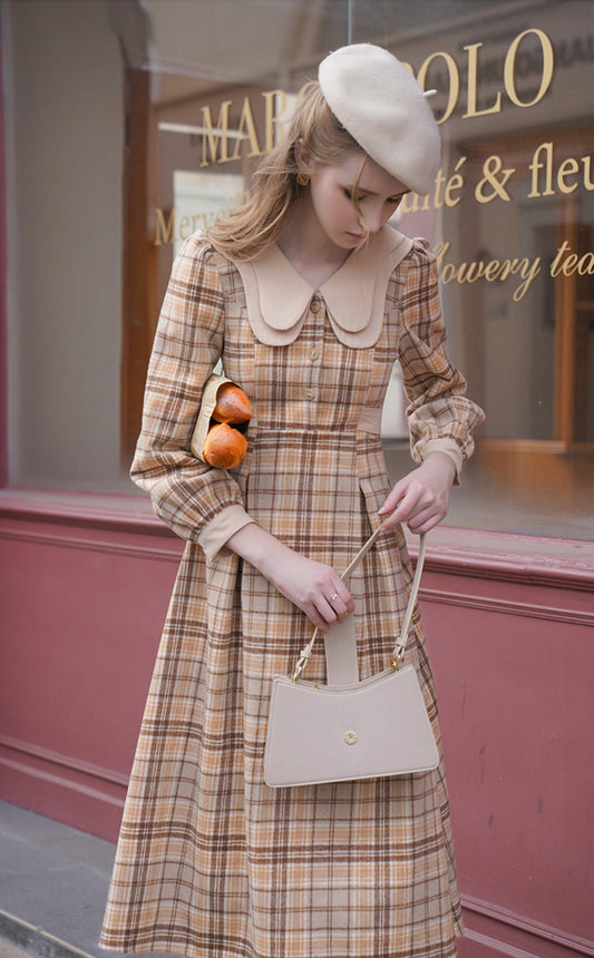 Elise Vintage Elegant Double-Layer Collar Long Sleeve Plaid Woolen Midi Dress - Sandrine Swank