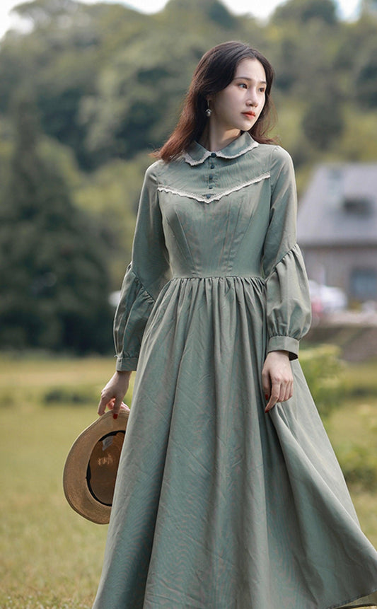 Elise Dress For Women Medieval Vintage Elegant Slim Long Lantern Sleeve Dress Peter Pan Collar Maxi Dress - Sandrine Swank