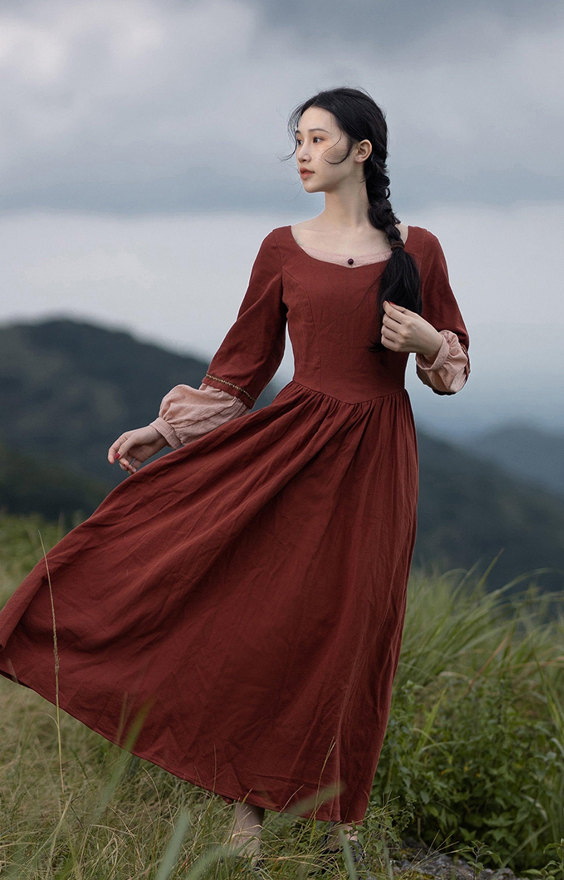 Elise Long Sleeve Dress Vintage Elegant Original Design O-Neck Red Retro Manor Cinderella Dress - Sandrine Swank