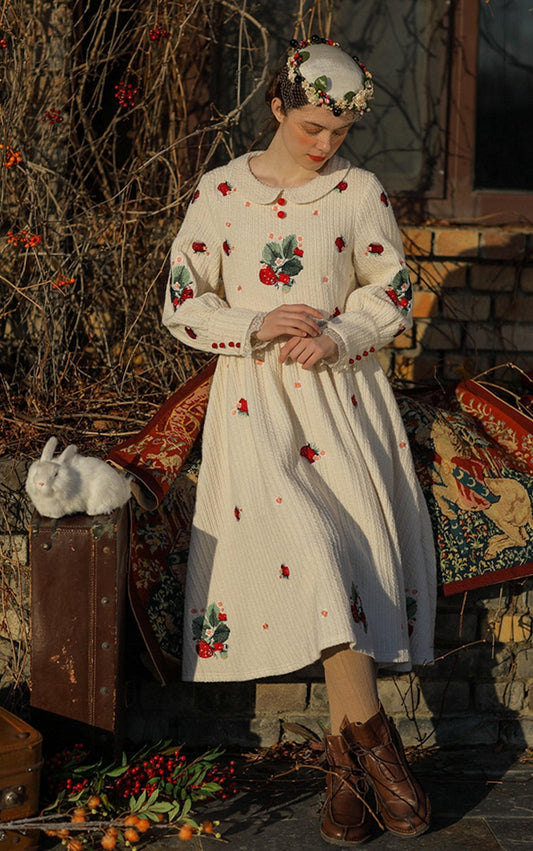 Ella Spring Autumn Winter Vintage Elegant Dress Sweet Strawberry Embroidery 100%Cotton Knitted Dress - Sandrine Swank