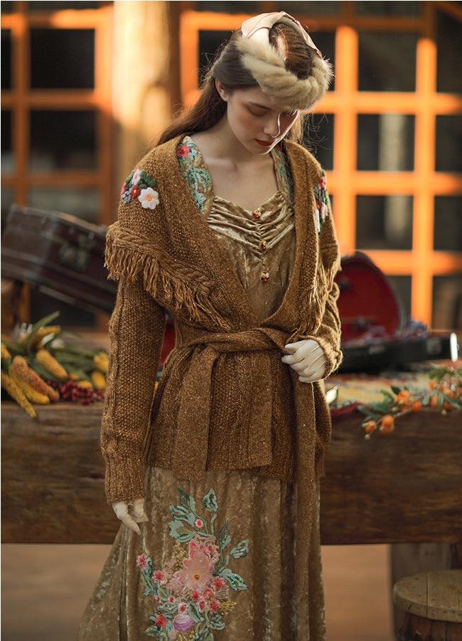 Elsie Vintage Elegant Slim Long Sleeve Sequins Embroidery Camel Long Velvet Dress - Sandrine Swank