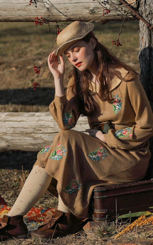 Elsie Vintage Mori Girls England Rose Embroidery Golden Thread Knitted Dress - Sandrine Swank