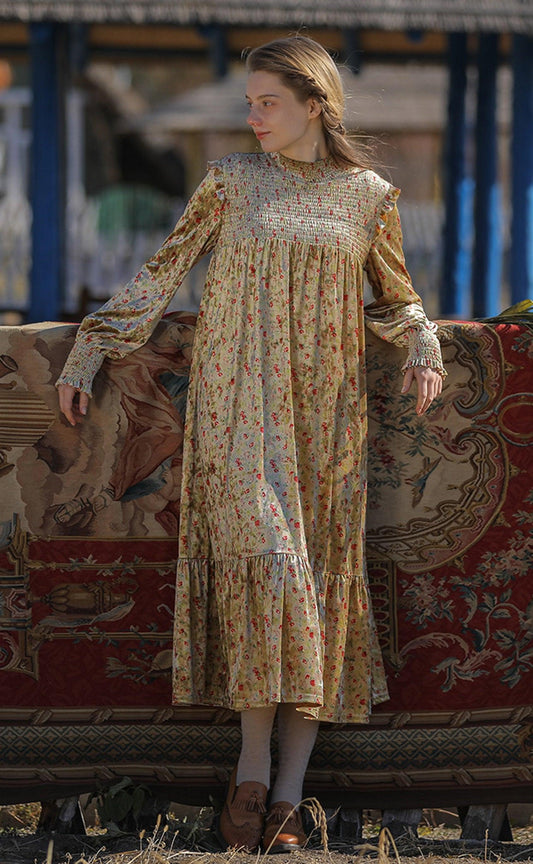 Elise Vintage Elegant  High Quality Velvet  Dress Floral Print Long Sleeve Casual Loose Midi Dress - Sandrine Swank