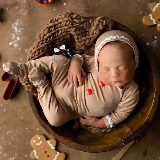 Newborn Gingerbread Onesie Photography Props With Hat Set, Reborn Gingerbread Sleeper Onesie Photo Prop Set