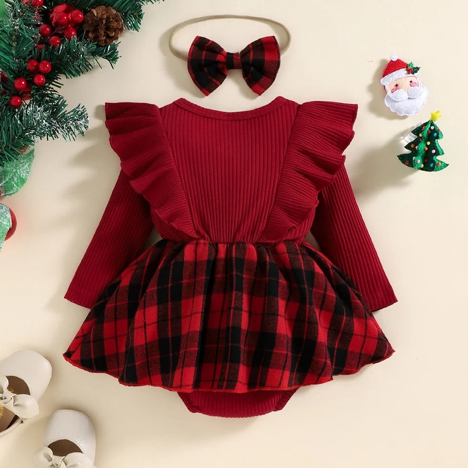 Baby 0-24M Christmas Girl Red Romper, Baby Knit Ruffle Long Sleeve Jumpsuit Plaid Print Xmas