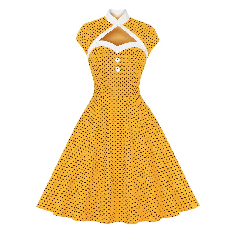 Stand Collar Hollow Out Front Button Evening Party Retro Dress, Cap Sleeve Polka Dot Vintage Dress