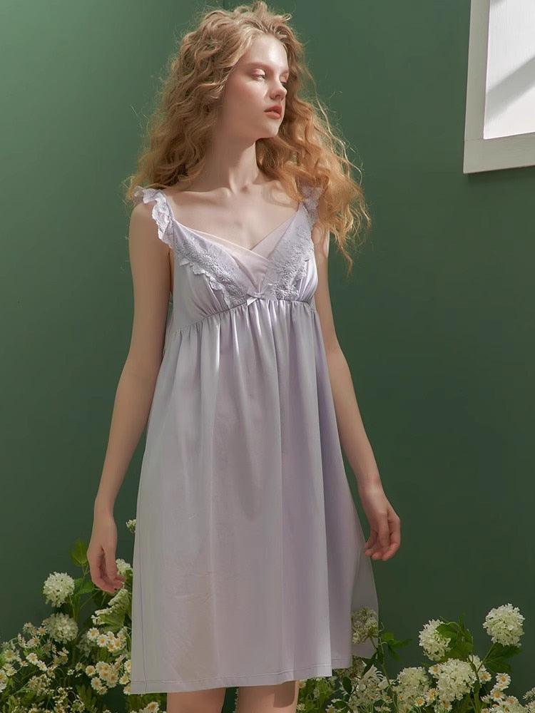 Retro V-neck With Bra Pads Cotton Nightdress, Elegant Princess Lace Summer Sleeveless Nightgown - Belleroz