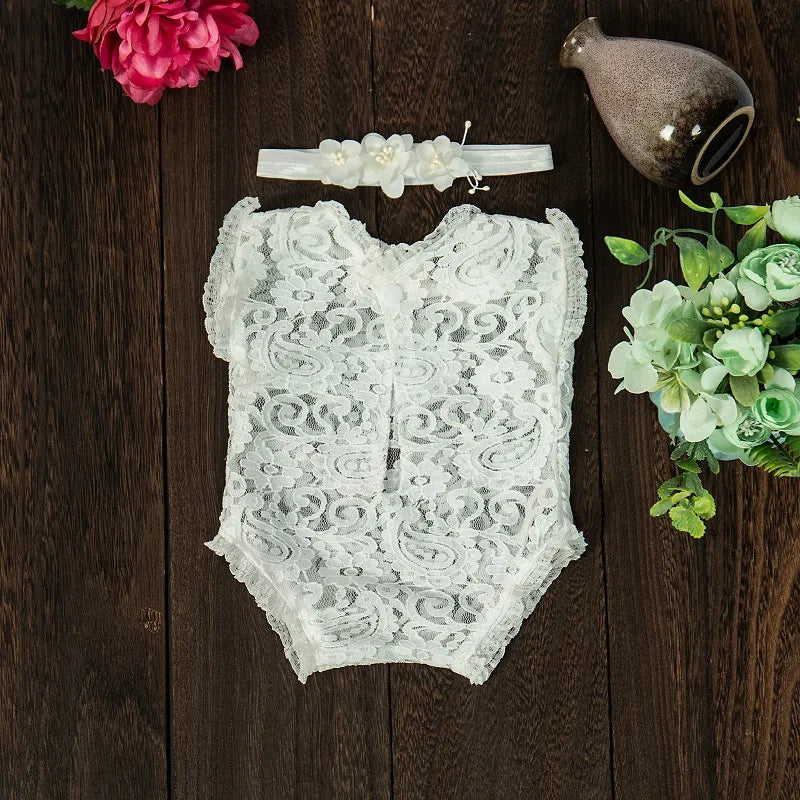 Newborn Baby Photography Props Costume, Lace Romper With Headband, Reborn Baby Lace Romper Photo Prop