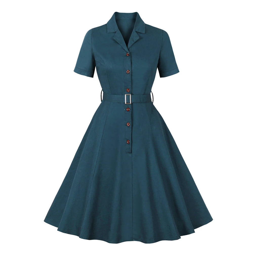 Notched Collar Single Breasted Solid Color Vintage Dress, Short Sleeve Belted Formal Elegant Women Cotton Retro Dress