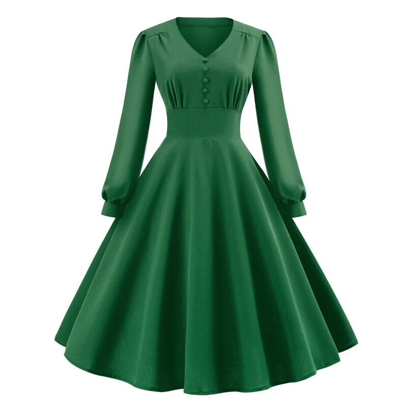 V-Neck Button Front High Waist Long Bishop Sleeve Vintage Dress, Vintage Swing Dress