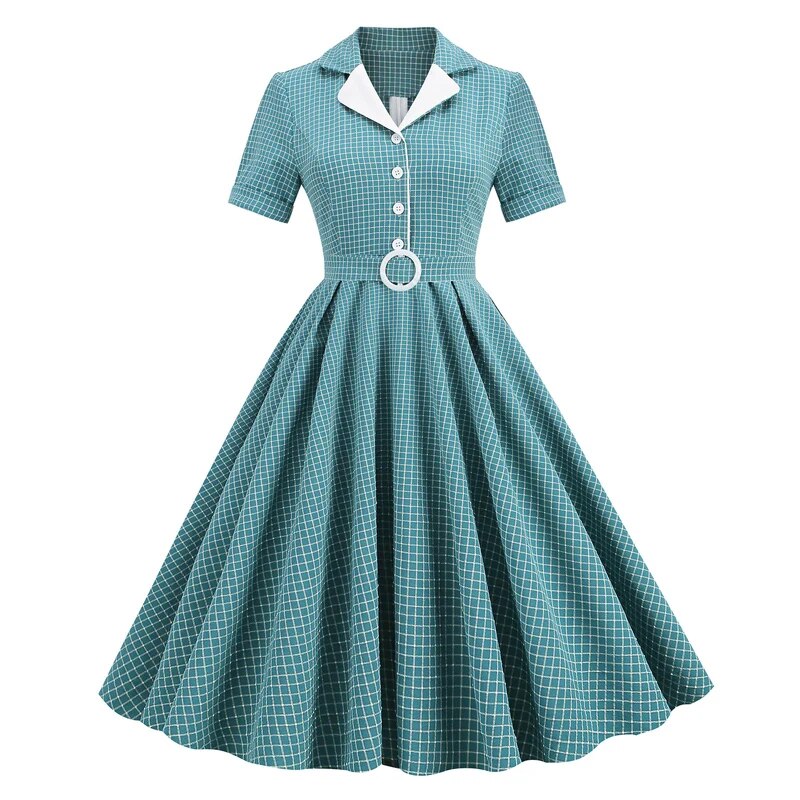 Vintage Plaid Midi Dress, Retro Short Sleeve 50s Robe Turquoise Swing Dress