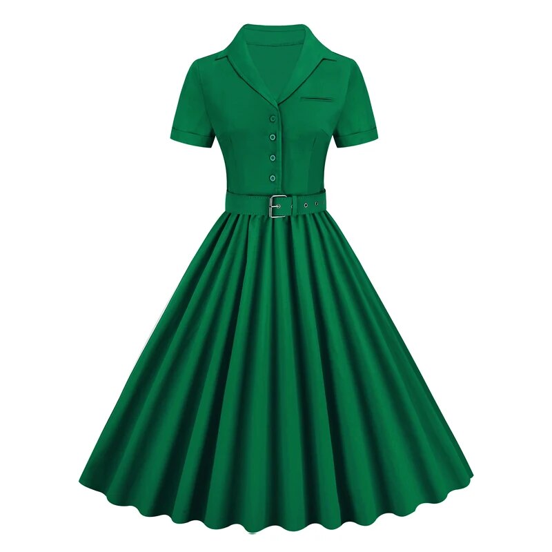 Solid Cotton Button Up Plain Vintage Dress, Short Sleeve Belted Pleated Midi Swing Retro Dress
