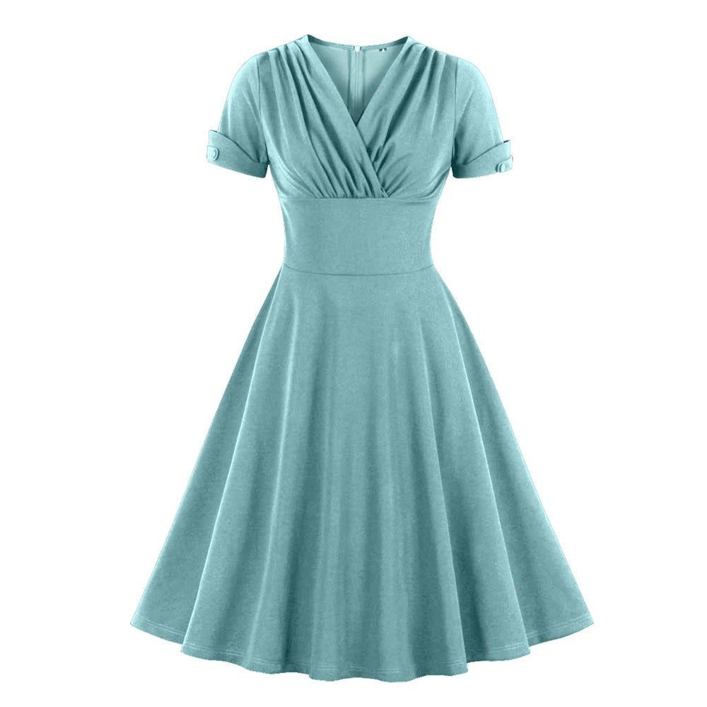 Retro Dress V Neck Wrap High Waist 1950S Vintage Green A Line Swing Dress, Solid Color Elegant Party Midi Retro Dress