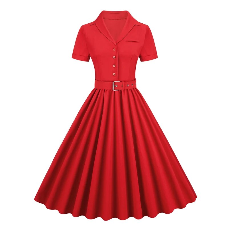 Solid Cotton Button Up Plain Vintage Dress, Short Sleeve Belted Pleated Midi Swing Retro Dress