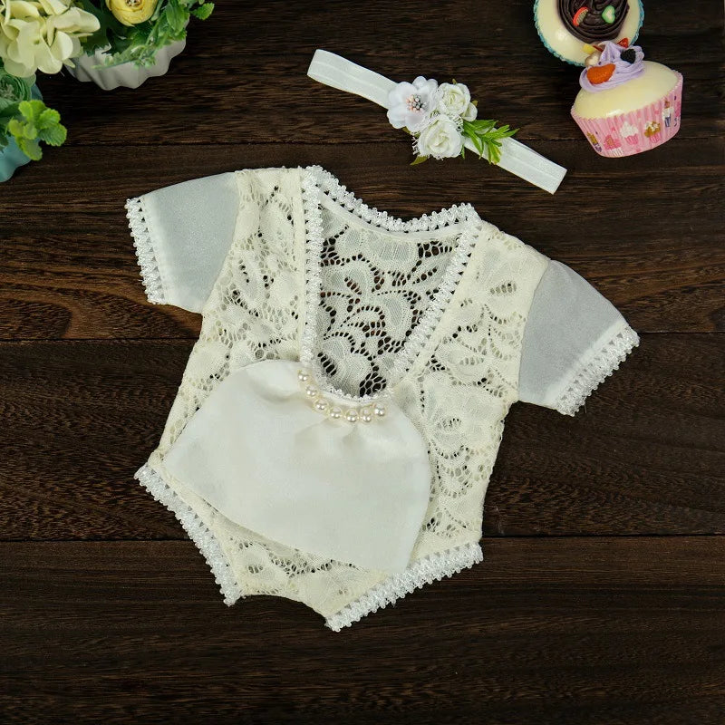 Newborn Baby Photography Props Costume, Lace Romper With Headband, Reborn Baby Lace Romper Photo Prop