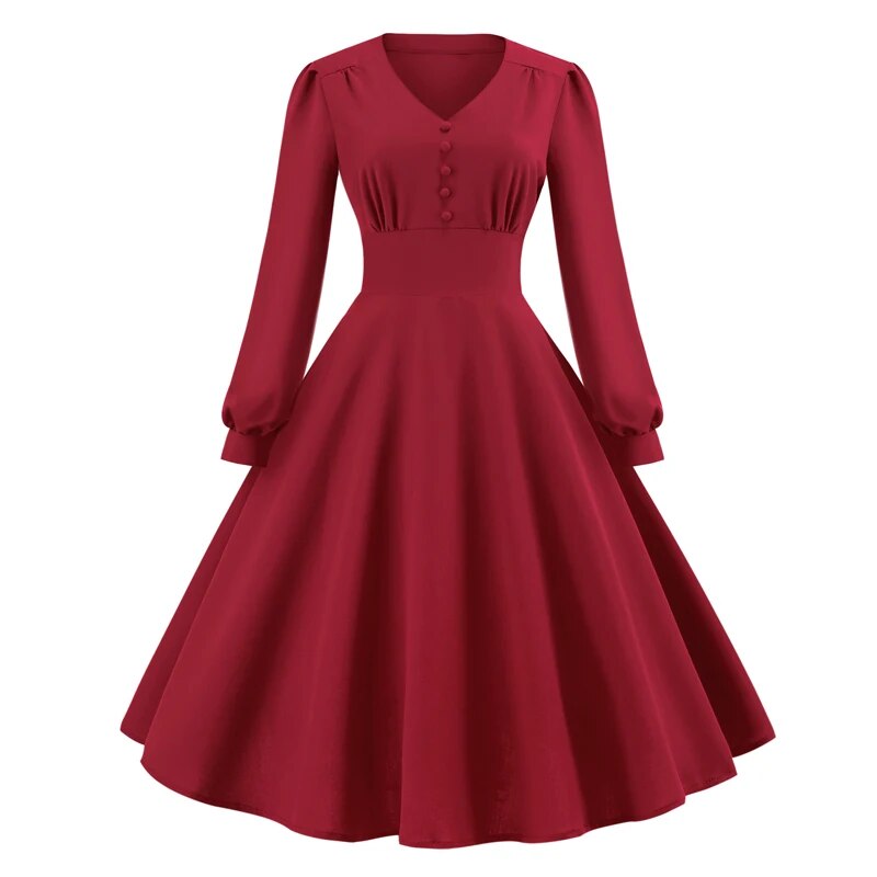 V-Neck Button Front High Waist Long Bishop Sleeve Vintage Dress, Vintage Swing Dress
