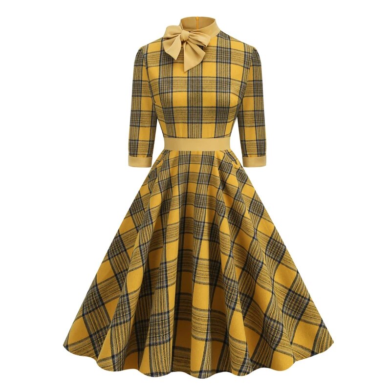 Vintage Plaid Pocket Midi Swing Dress for Women, Bow Neck 3/4 Length Sleeve Retro Dress