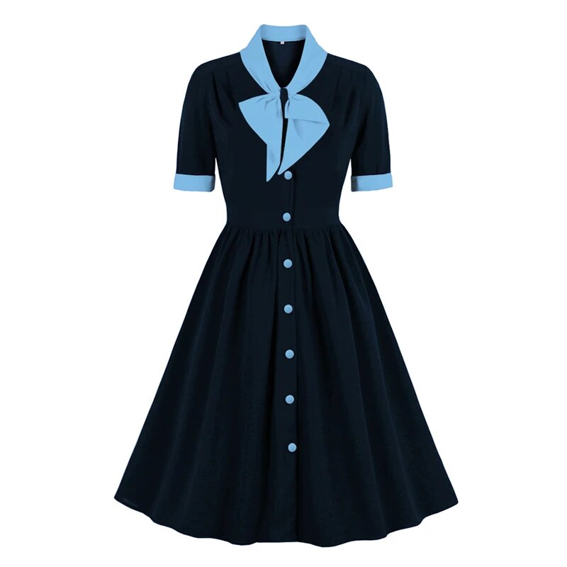 Vintage Bow Neck 50s Robes High Waist Pleated Swing Dress