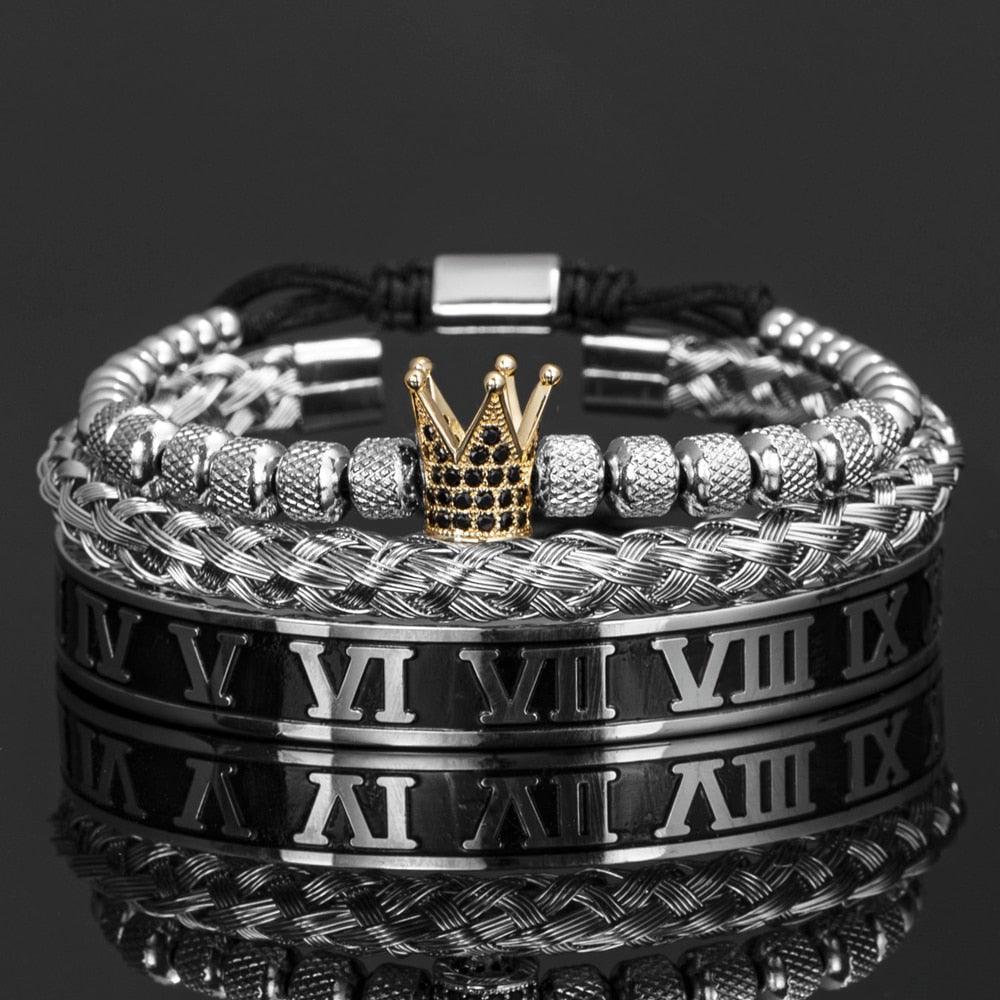 Luxury Crown Handmade Men Enamel Roman Numeral Bangles, Hemp Rope Buckle Open Stainless Steel Men Bracelet, Micro Pave CZ Luxury Jewelry - Sandrine Swank