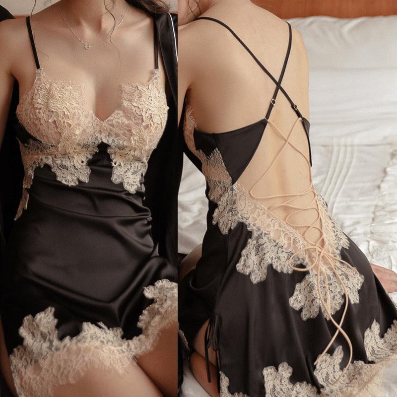 Embroidered Lace Silky Material Babydoll Set, Backless Babydoll, Sexy Lingerie Set - Belleroz