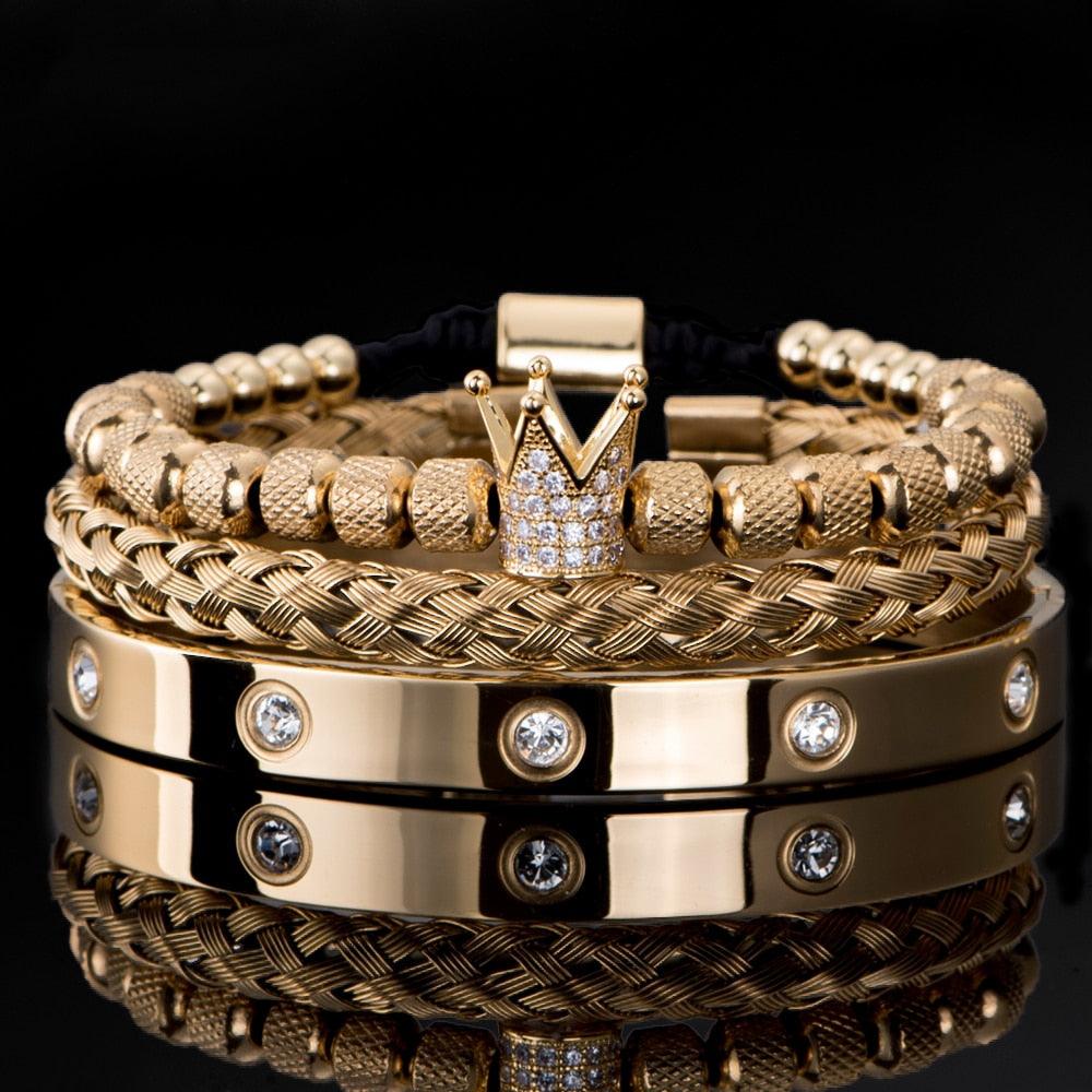 Luxury Micro Pave CZ Crown Roman Royal Charm Men Bracelets, Stainless Steel Crystals Bangles, Couple Handmade Jewelry Gift - Sandrine Swank