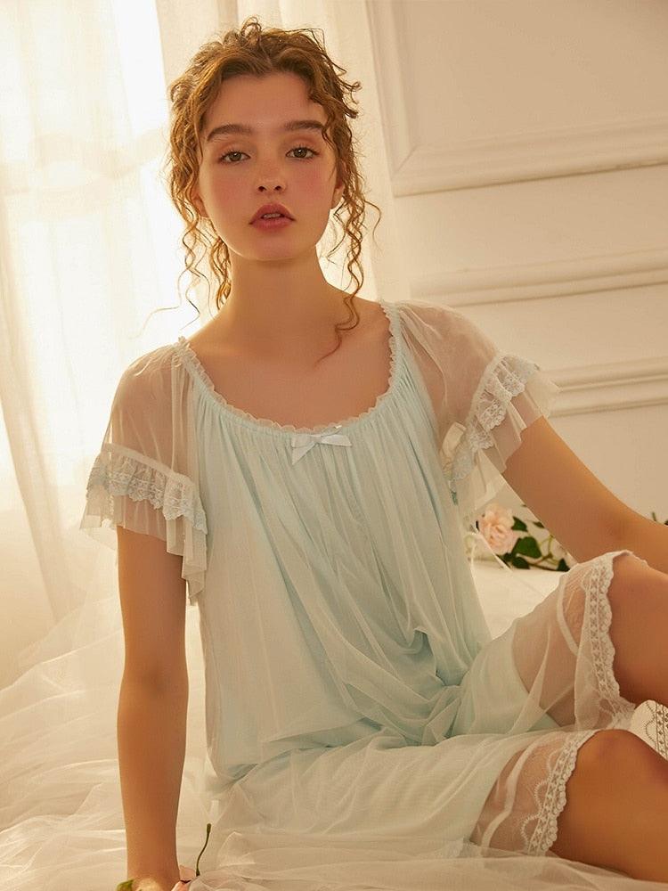 Vintage Short Sleeve Nightgown, Delicate Gauze Princess Nightgowns, Victorian Loose Royal Nightdress - Belleroz