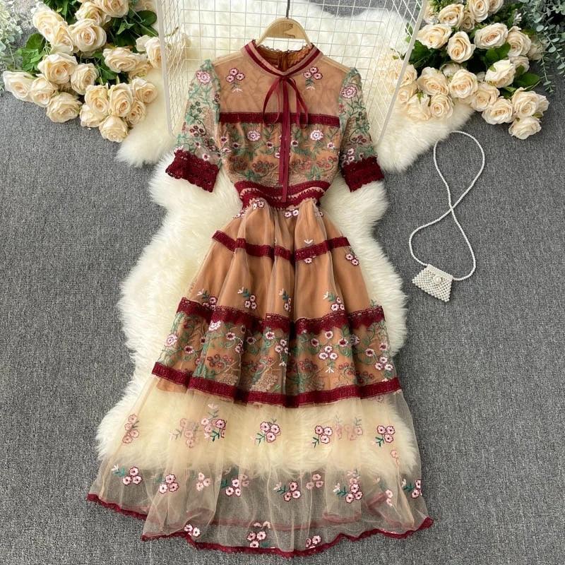 Bohemian Elegant See Through Long Lantern Sleeve Mesh Dress, Flower Embroidery Lace High Waist Bohemian Maxi Dress - Belleroz