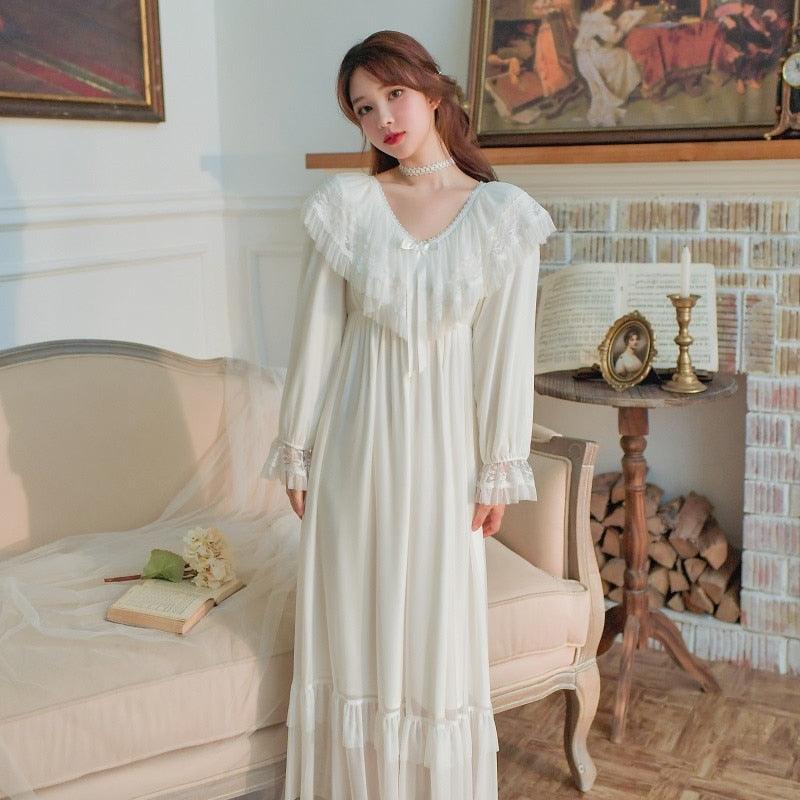Victorian Vintage Women's Long Nightgowns, Long Sleeve Soft Lace Spring Autumn Loose Nightdress - Belleroz