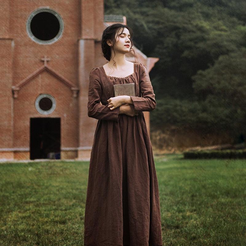 Elsie 100%Linen Coffee Long Dress Ladies Victoria Royal Vintage Elegant Long Sleeve  High Waist Dress robe longue - Sandrine Swank