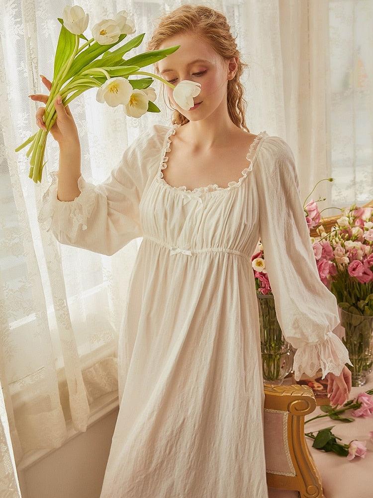 Vintage Soft Cotton Women's Long Nightgown, Victorian Long Sleeve Nightdress - Belleroz