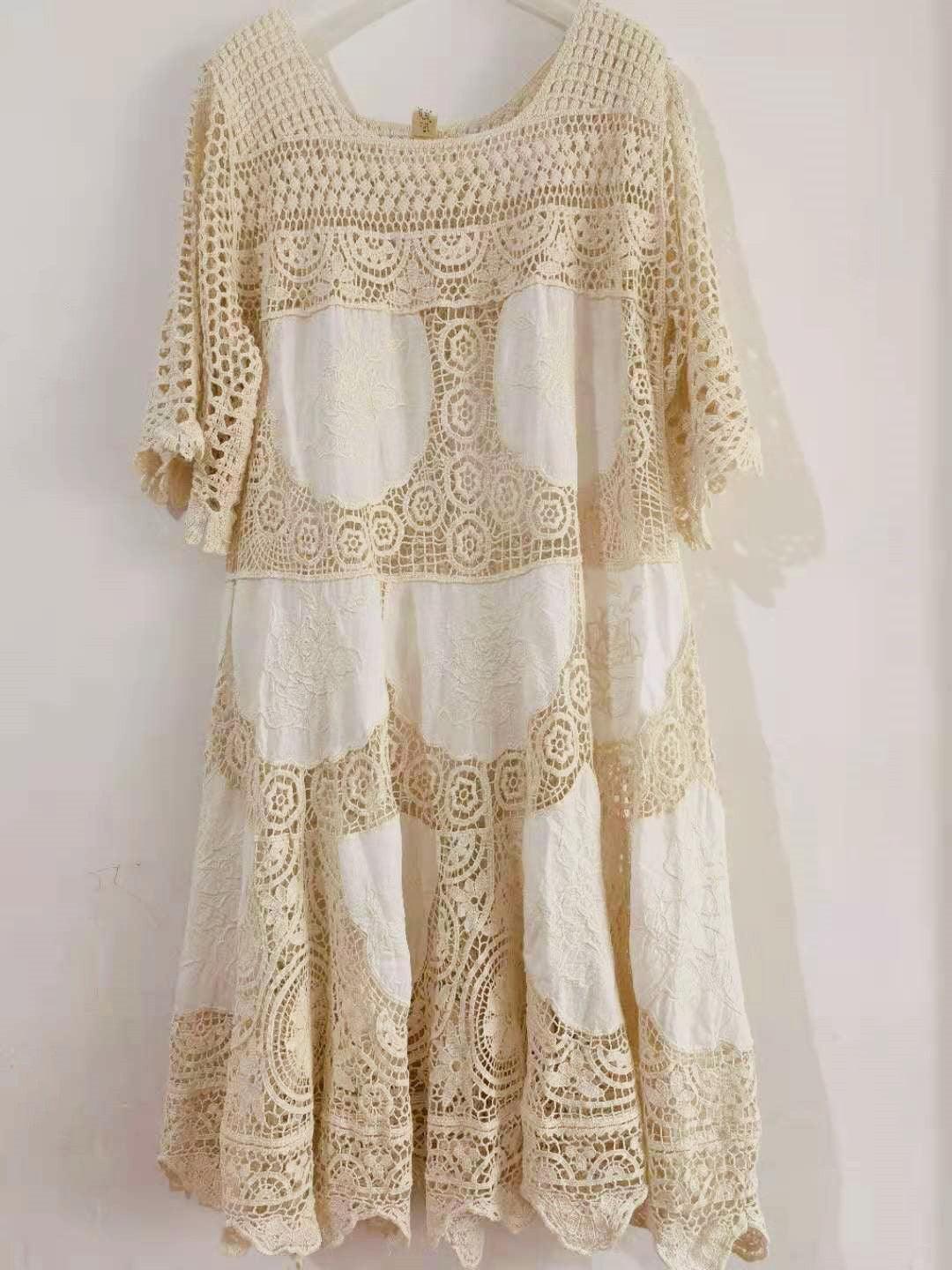 Elsie Mori Girl Sweet Elegant Crochet Lace Long Dress, Sexy Hollow Out Embroidery Midi Dress - Sandrine Swank