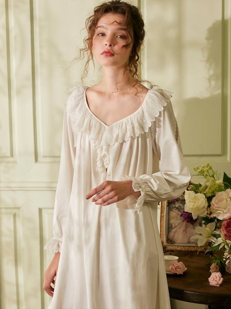 Vintage Cotton nightgown, Victorian Nightgown, Vintage Royal Princess V-neck Long Nightdress - Belleroz