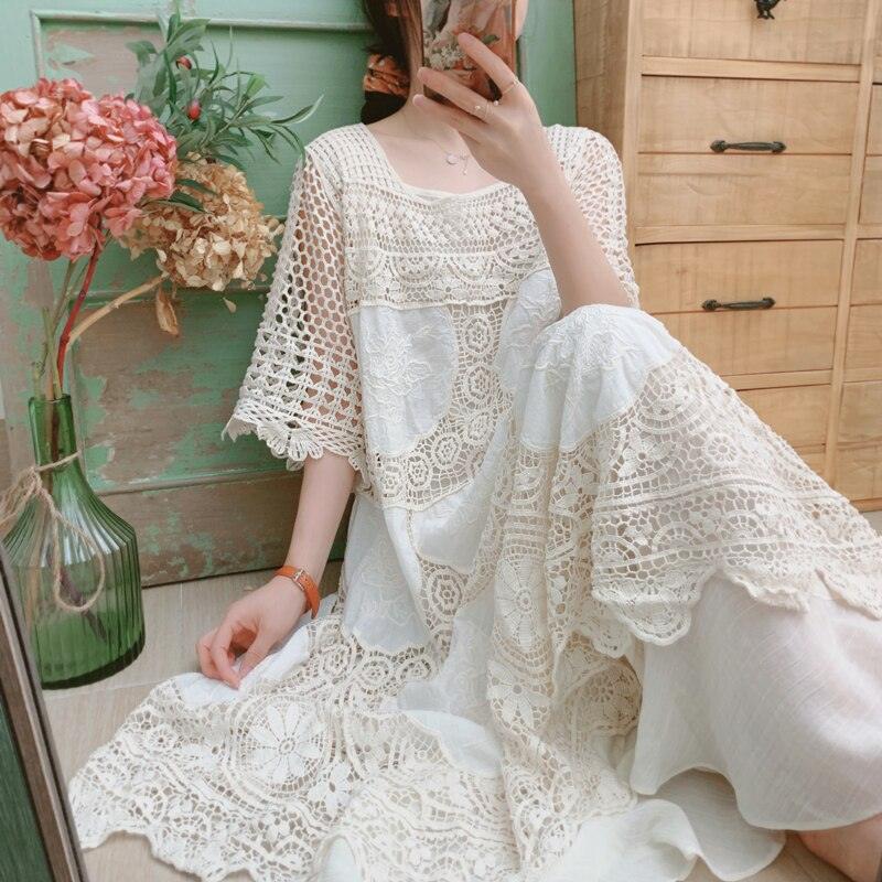 Elsie Mori Girl Sweet Elegant Crochet Lace Long Dress, Sexy Hollow Out Embroidery Midi Dress - Sandrine Swank