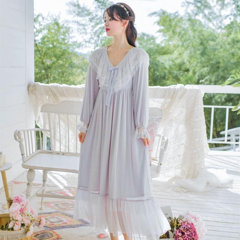 Victorian Vintage Women's Long Nightgowns, Long Sleeve Soft Lace Spring Autumn Loose Nightdress - Belleroz