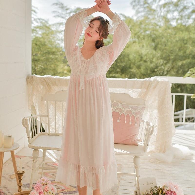 Vintage Luxury Modal Gauze Women's Long Nightgowns, Long Sleeve Soft Lace Spring Autumn Loose Nightdress - Belleroz