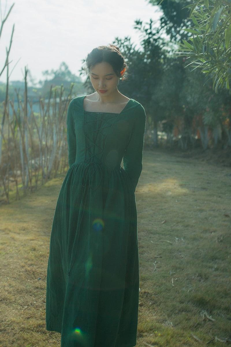 Elsie Vintage Pastoral Style Green Cotton And Linen Long Dress Medieval Retro Elegant Slim Bandage Dresses - Sandrine Swank