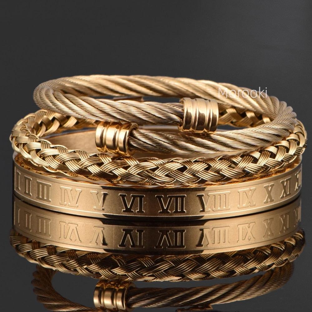 Luxury 3pcs/Set Stainless Steel Men Bracelet, Men Jewelry Roman Number Charm Bracelets - Sandrine Swank