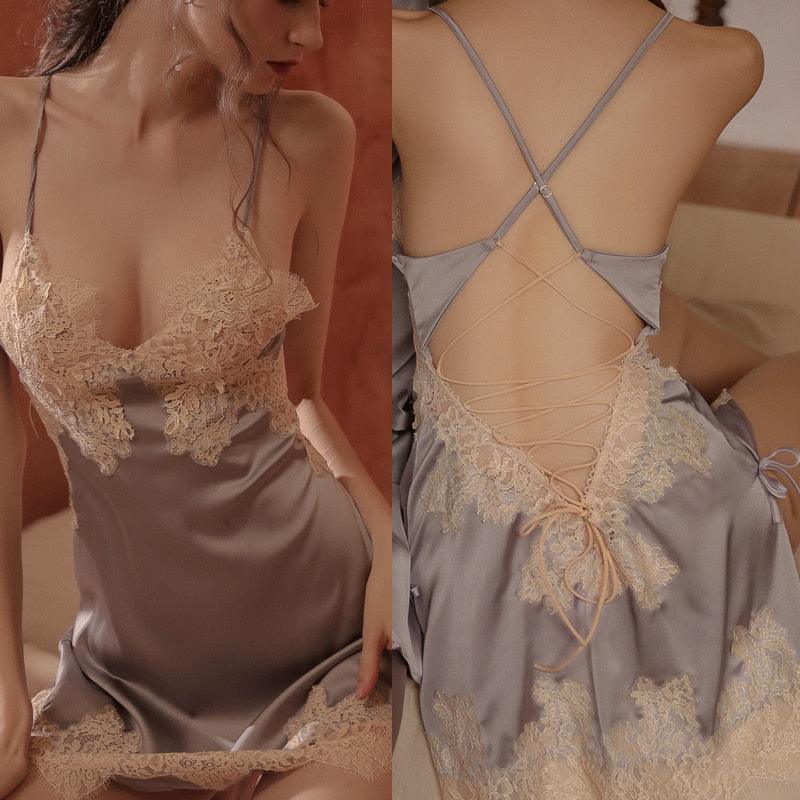 Embroidered Lace Silky Material Babydoll Set, Backless Babydoll, Sexy Lingerie Set - Belleroz