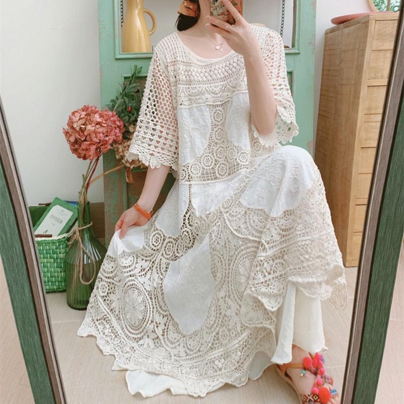 Elsie Mori Girl Sweet Elegant Crochet Lace Long Dress, Sexy Hollow Out Embroidery Midi Dress - Sandrine Swank