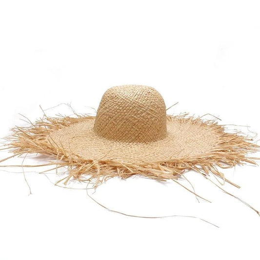 Handmade Straw Sun Hats Large Wide Brim, High Quality Natural Raffia Panama Beach Straw Sun Caps For Holiday - Belleroz