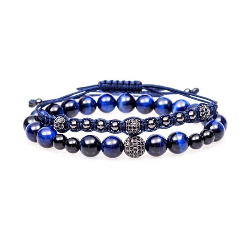 2pcs/Set Blue Natural Tiger Stone Beads Men Bracelet, Micro CZ Men's Bracelet, Braiding Macrame Cord Mens Bracelet - Sandrine Swank