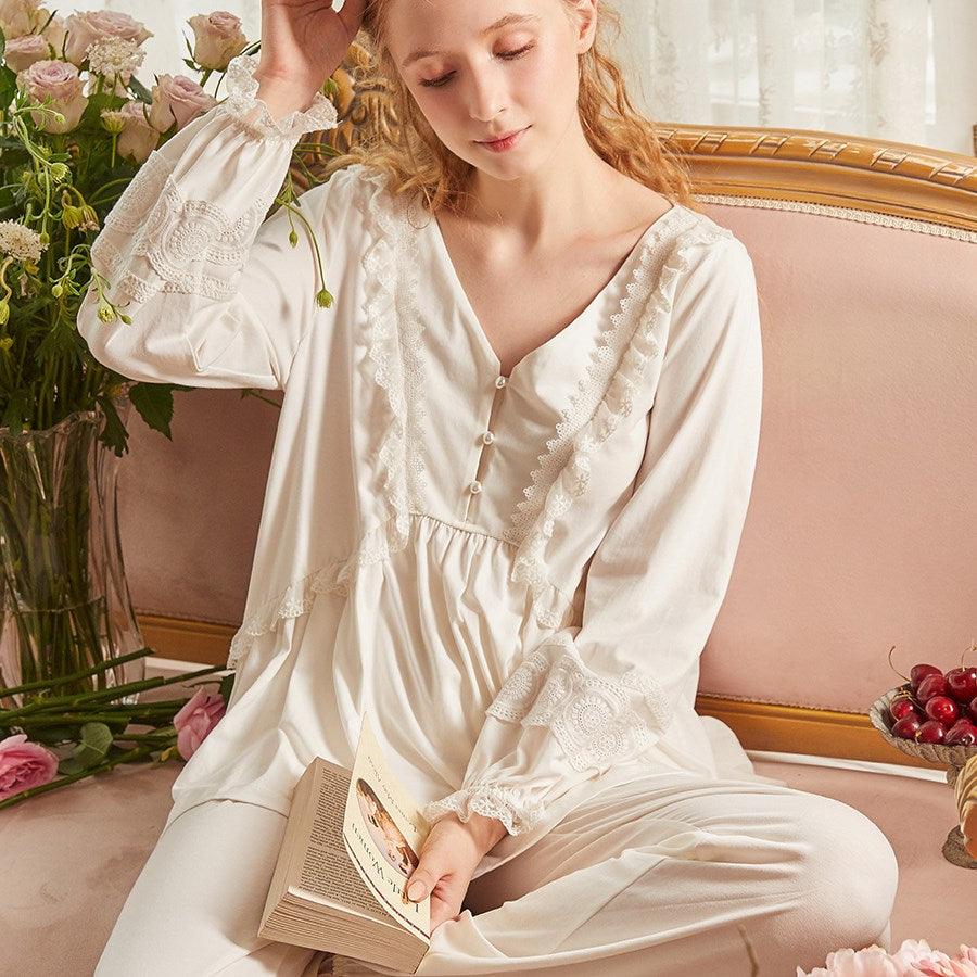Vintage Cotton Women's Long Sleeve Pajama Set, Victorian Sleepwear Set –  Belleroz
