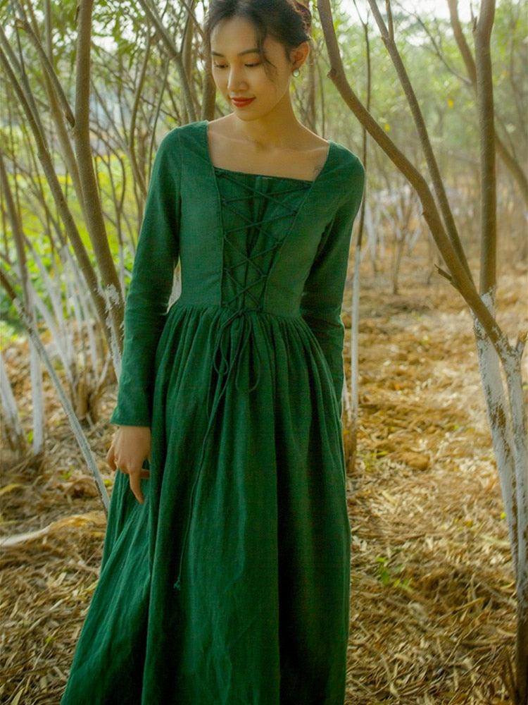 Elsie Vintage Pastoral Style Green Cotton And Linen Long Dress Medieval Retro Elegant Slim Bandage Dresses - Sandrine Swank