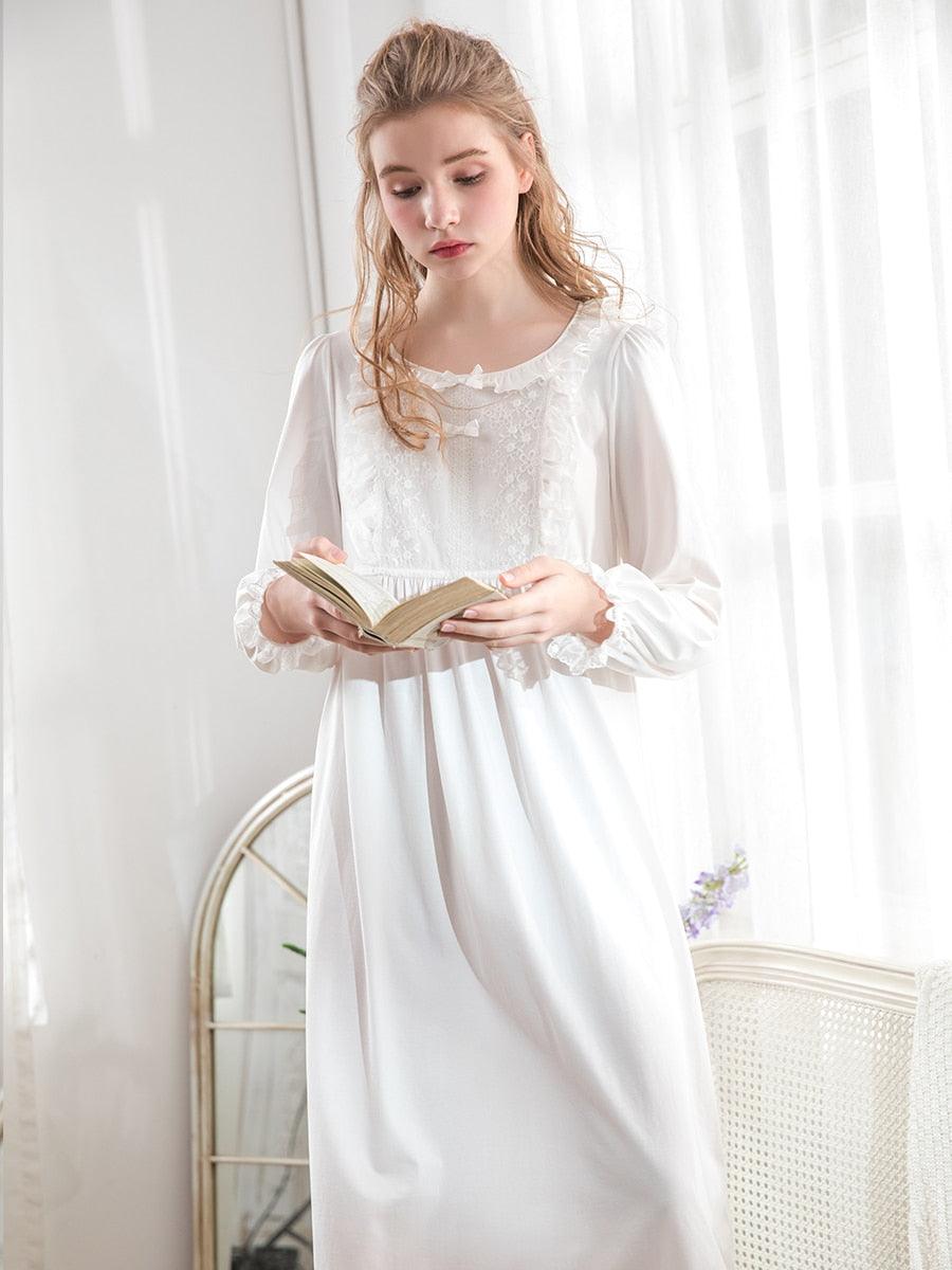 Vintage Delicate Lace Women's Nightgown, Victorian Royal Spring Autumn Princess Loose Nightgown - Belleroz